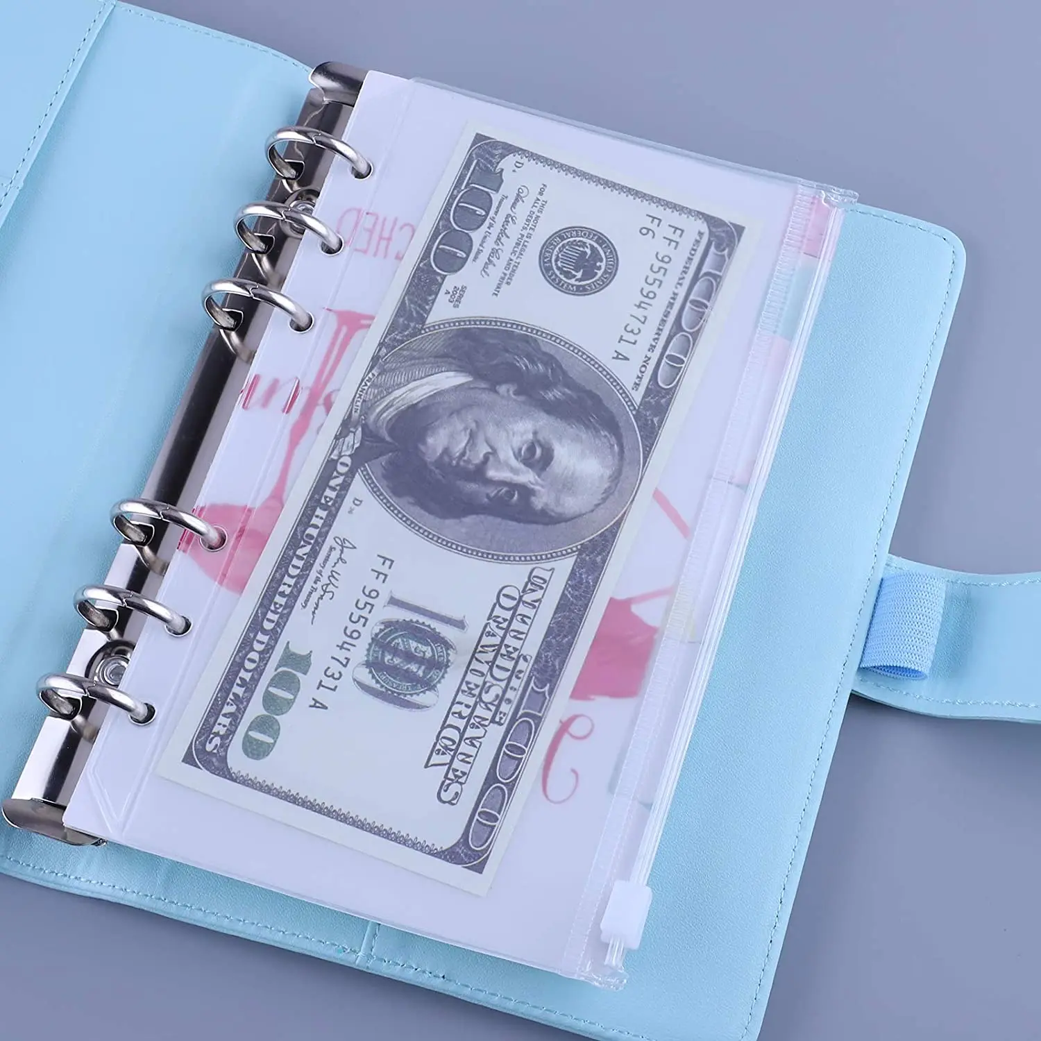 PVC Cash Budget Zipper Envelopes 6-holes Binder Pouches Folders With Label Pocket A6 Size Binder Pockets