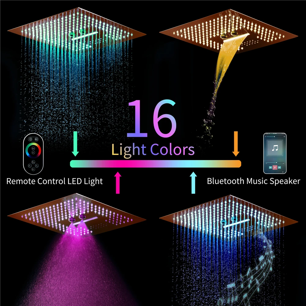 16 Inch LED Mist Rain&Waterfall Shower Head with Music Speaker Thermostatic Shower Valve Ceiling Embedded Shower Faucet Set