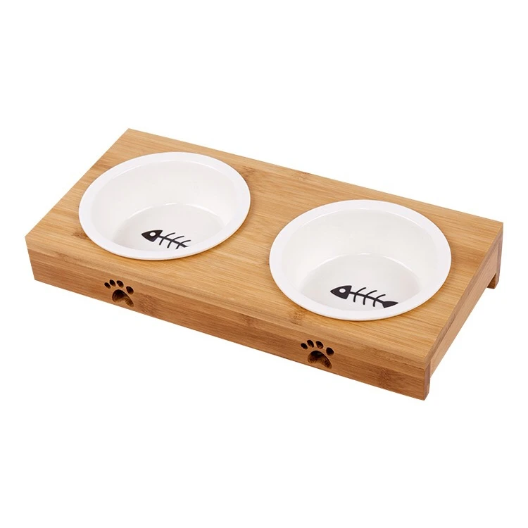 Factory Wholesale Safety And Health Bamboo Pet Cat Double Bowl Ceramic Pet bowl