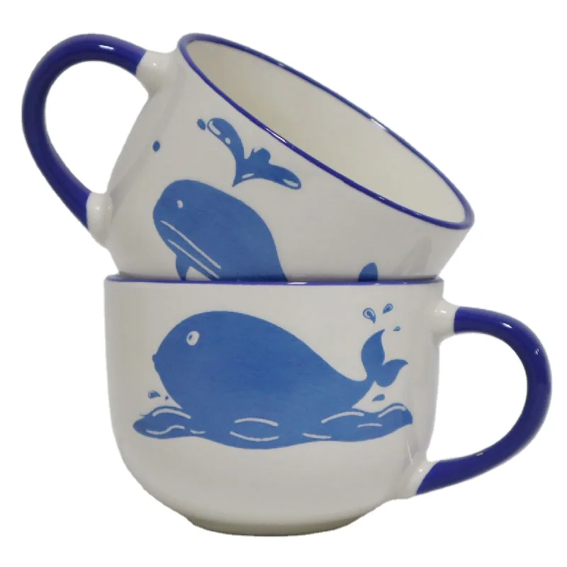 
Custom Ceramic Mug Soup Mug with Inner Color Glazed for Wholesale Printed Pattern and Blue Rim with Handle 