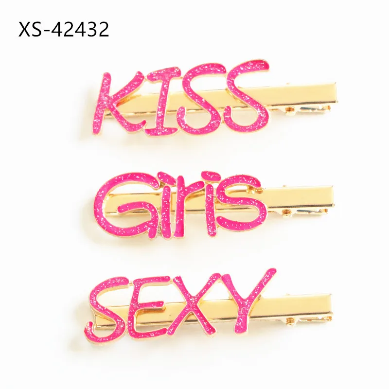 Customized letters and words KISS GIRLS sequins paint bobby hair pin Letter Drip Hair Clip