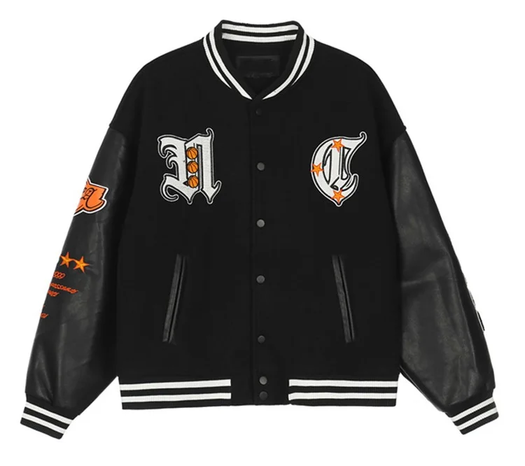 OEM custom winter hip hop style basketball emblem leather sleeve bomber varsity jacket for men