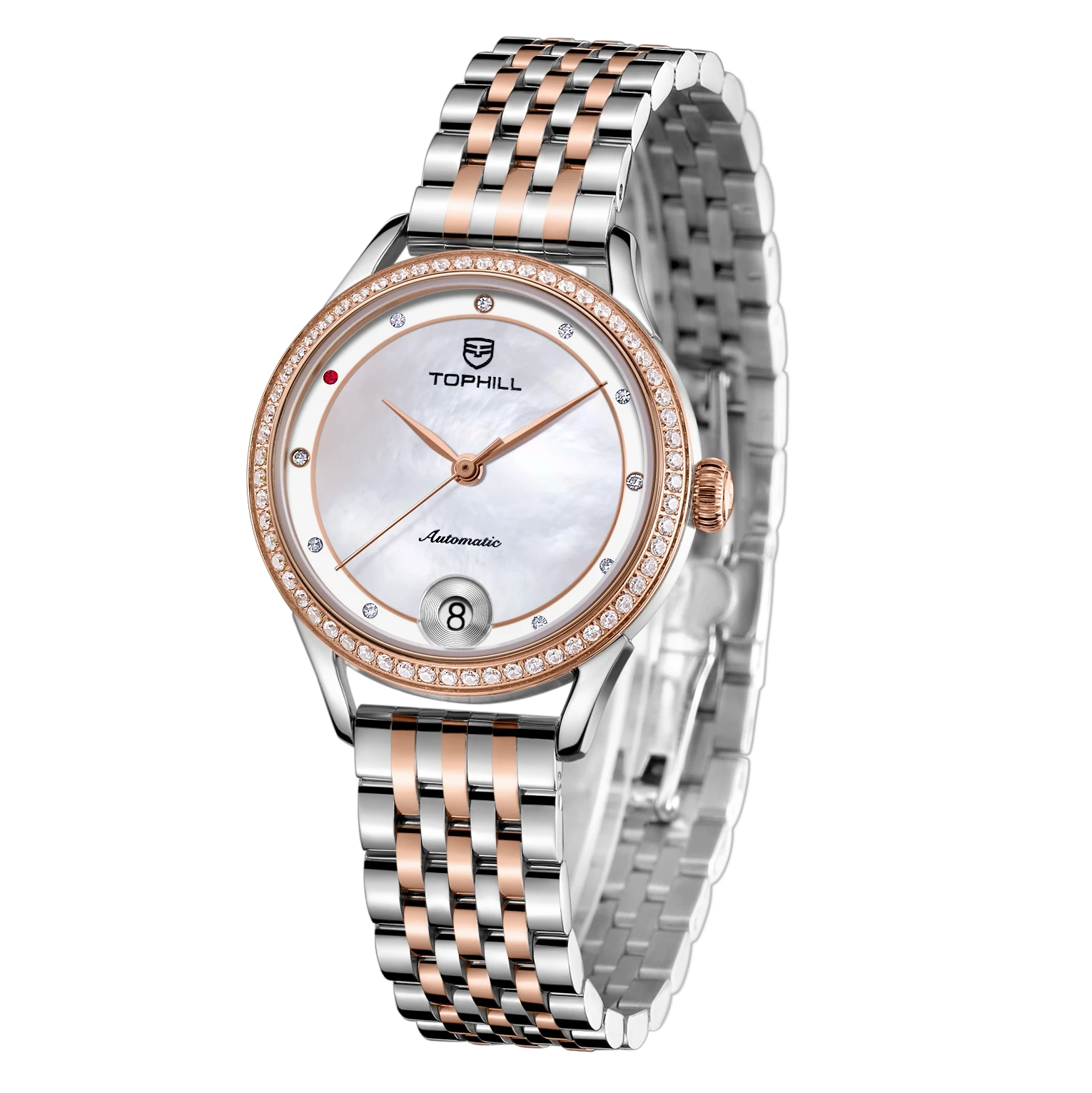 Tophill Custom OEM Luxury Diamond Stainless Steel Straps Swiss Automatic Movement Ladies Mechanical Womens Rose Gold Watches