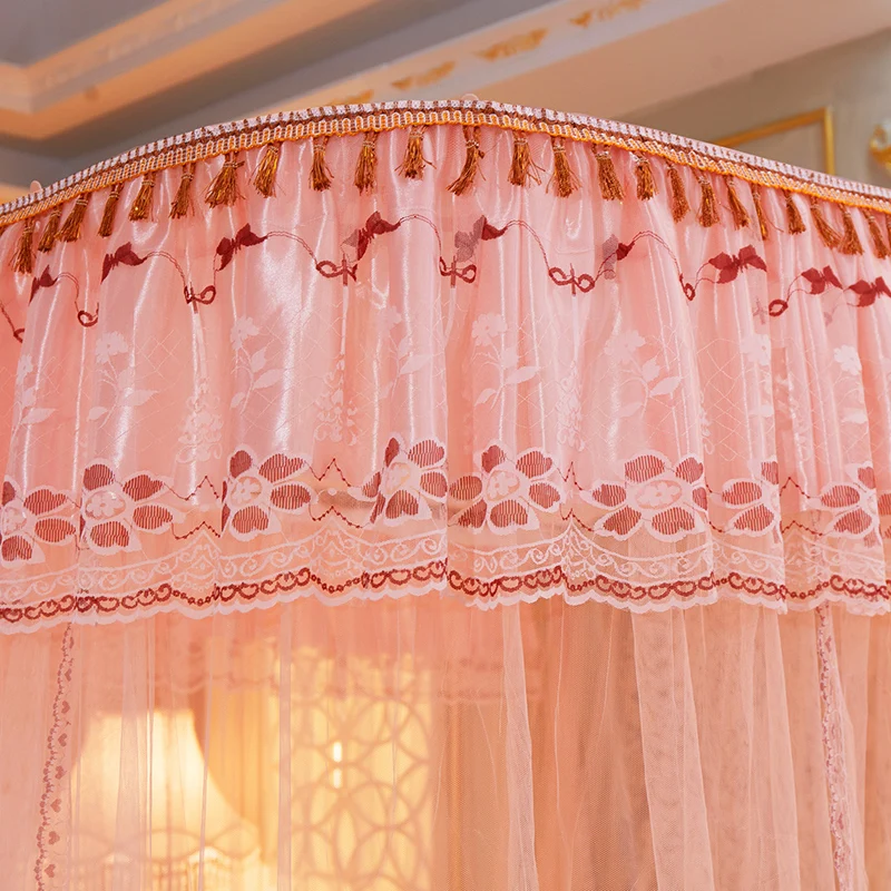 Luxury Square Top Guide Rail Soft Beautiful Lace Tassel Flower 2.1m High Elegant Durable Bed Net