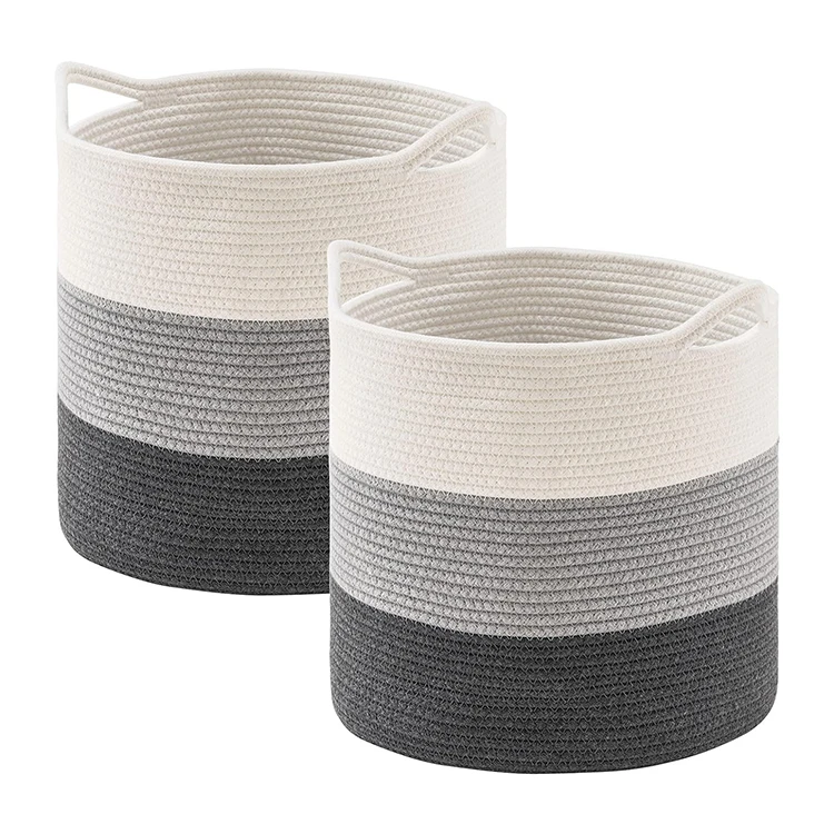 Top Sale 2 Pack Large Woven Rope Laundry Basket with Handle, Cotton Rope 13x13x13 Storage Baskets, 2 Pack Storage Basket