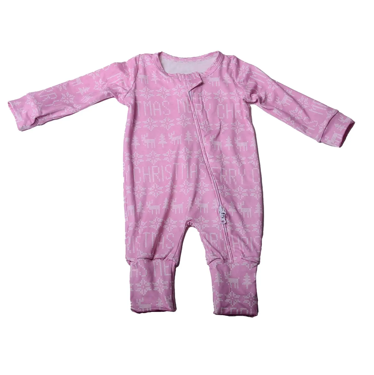 230g cotton/bamboo Custom Christmas Printed Girls Jumpsuit Long Folding feet Romper Babies Zip-Up Pajamas