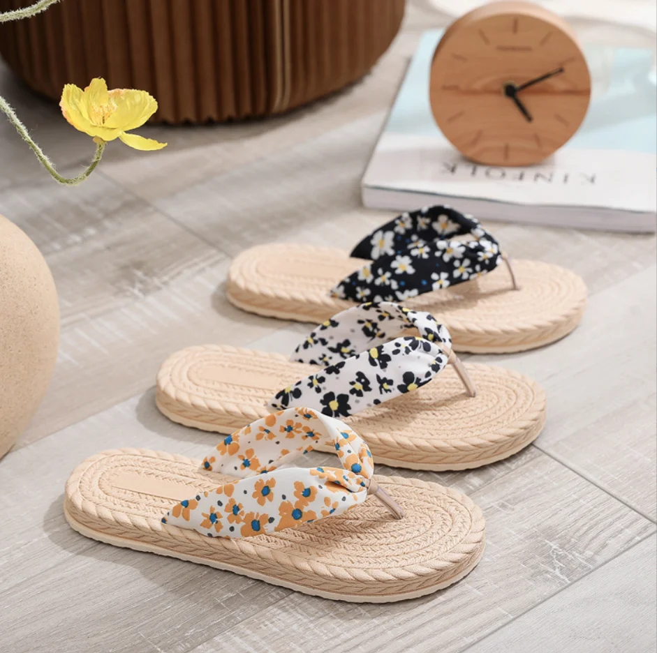 2023 New Taoxi  Summer Print Design Beach Travel Fashion Slipper Sandal And Various Style Outdoor Linen Women Flip Flop