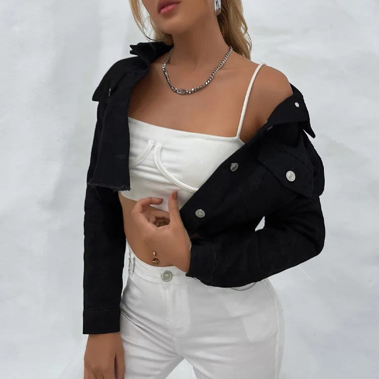 Wholesale new fashion long sleeve short denim jacket drop shoulder raw hem black denim jacket