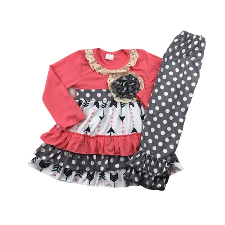 
boutique girl ruffles top long sleeve dots print pants sets flower decoration fall winter wholesale kids clothes outfits 