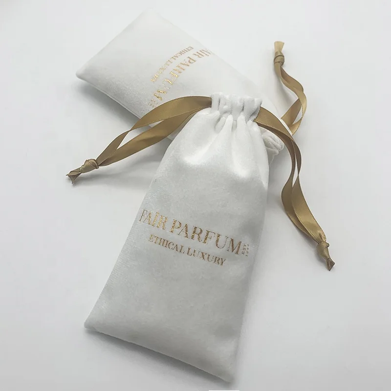 Velvet Drawstring Bag Logo Printing Velvet Perfume Bag Pouch White Gold Screen Printing Woman Clutch Bag for Cosmetics Accept