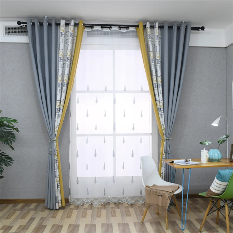 The Latest Design Gray Letters Embossed Jacquard Style Hotel Temperature Control Dust-Proof Grommet Polyester Blackout Curtain/