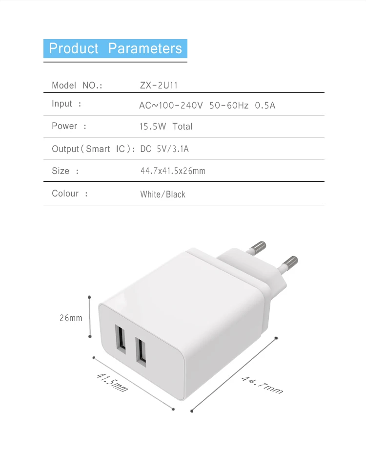  ZONSAN OEM 2 порта USB 3.1A настенное домашнее зарядное устройство адаптеры для мобильных