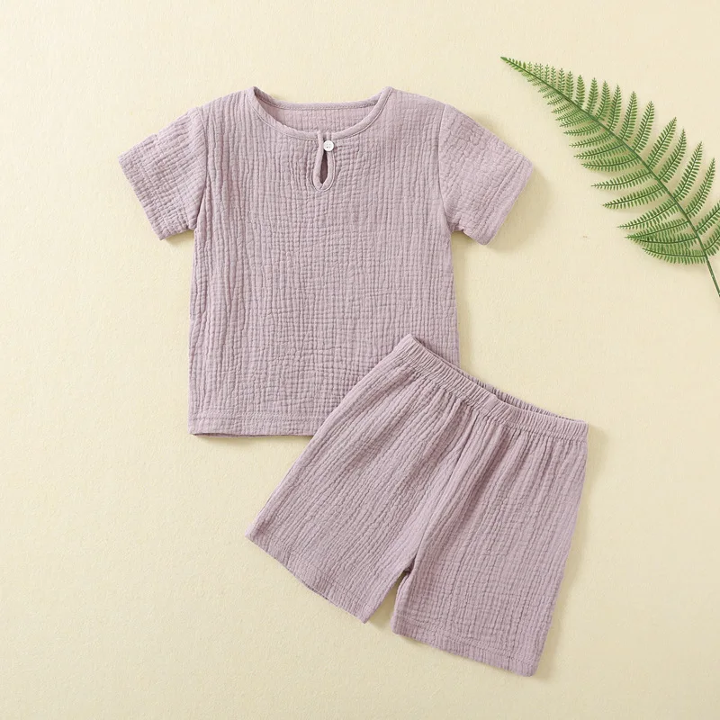 Factory Wholesale Baby Summer Pure Color Suit Baby Double-Decker Gauze Sets Baby Short Sleeve Thin Button Sets