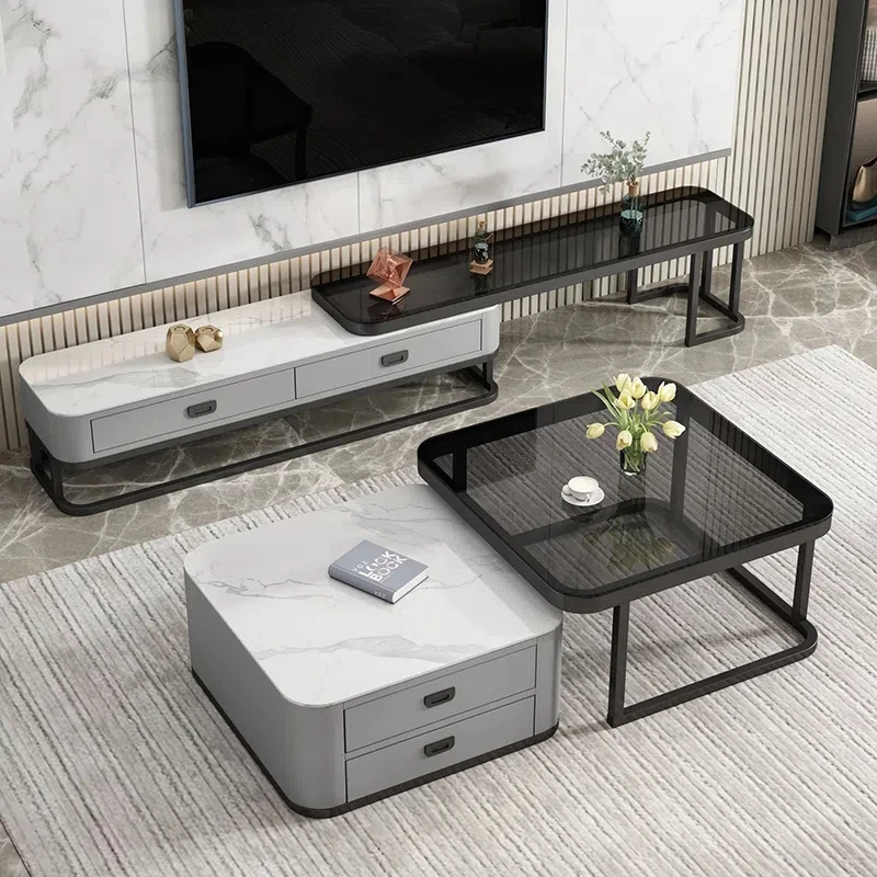 Light Luxury Modern Living Room Household Small Flat Rock Plate square Retractable Glass TV Stand Set