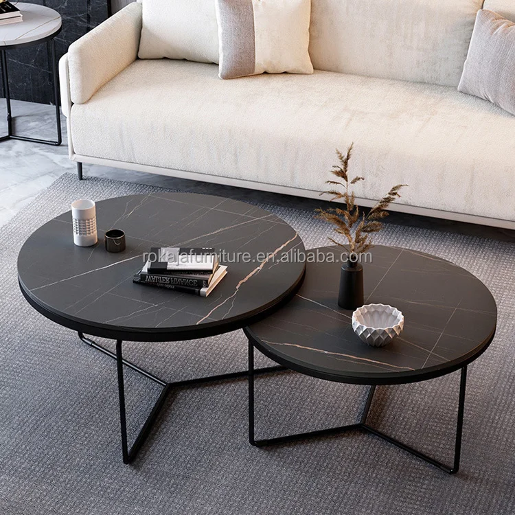 Nordic Style Nesting Coffee Table Set Gold Metal Frame Rock Slab Top Coffee Table Modern Living Room 3 Leg Round Tea Table
