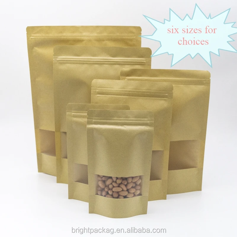Оптовая продажа биоразлагаемые пакеты из коричневой крафт-бумаги на молнии для упаковки сушеных продуктов стоячие в наличии
