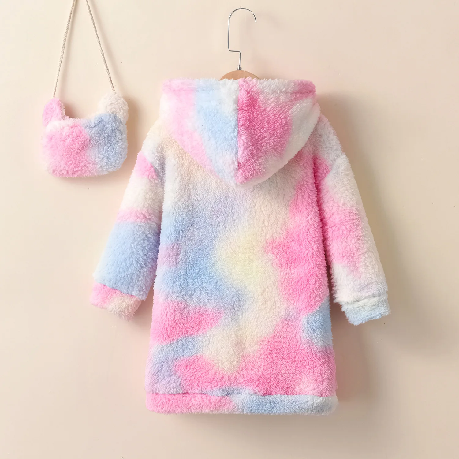 Casual girls with crossbody bag skirt with hooded chameleon lamb wool long-sleeved dress