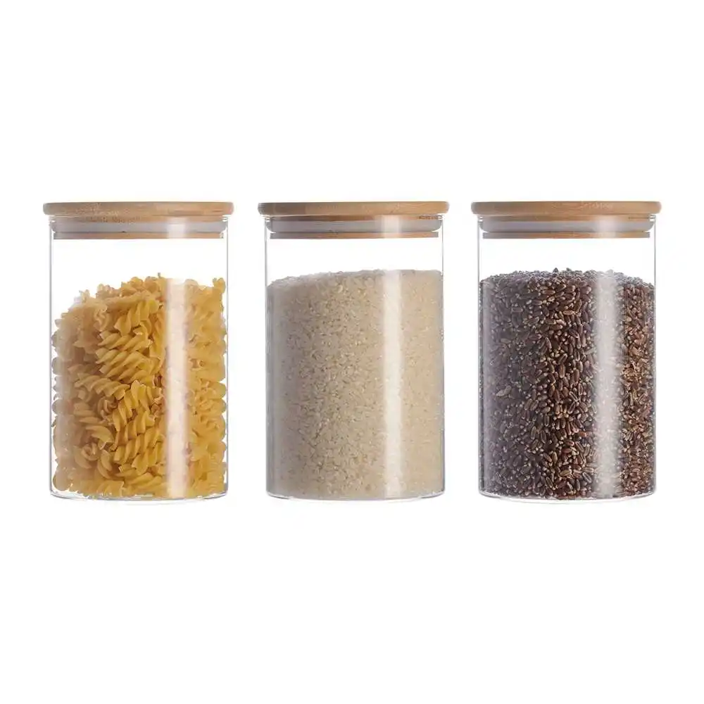 
High borosilicate 3 pieces glass storage jar bottle with bamboo wood lid glass kitchen food container set 