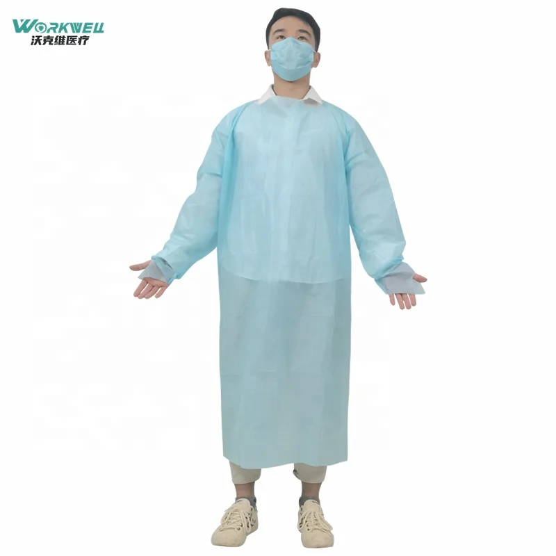 High quality EN14126 CPE surgical gown 55g Blue Medical Disposable Plastic Gown for Laboratories ASTM F1671