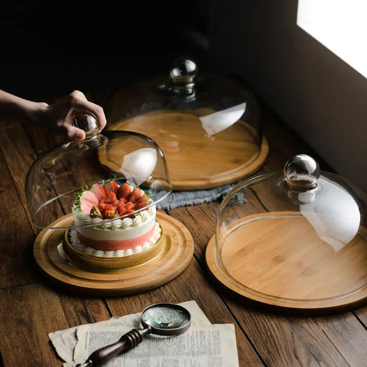 High quality bamboo cup cake display tray clear glass dome cake stand set for dessert table