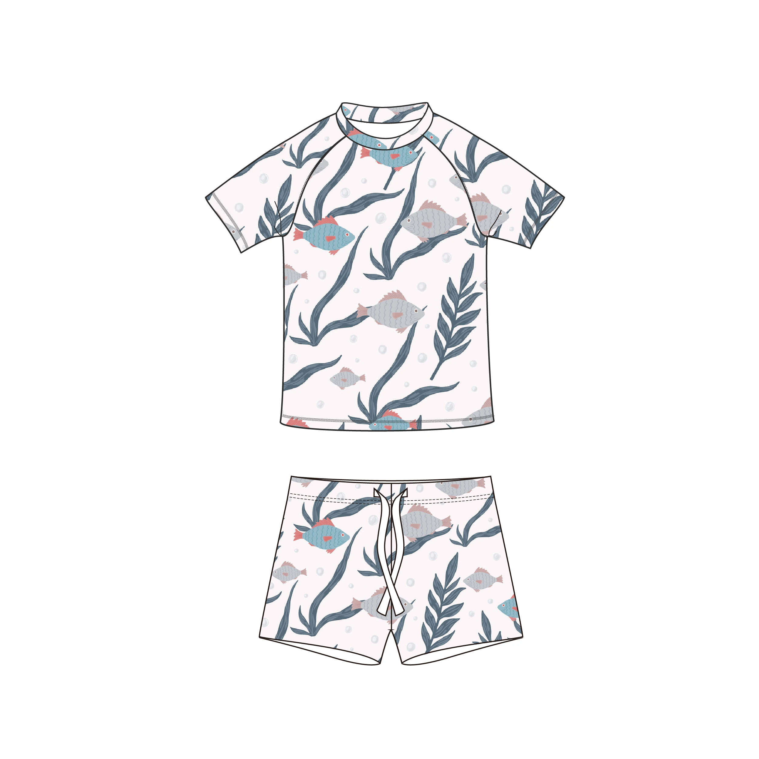 Custom Short Sleeved 2 Pieces Kids Bathing Suit Solid Color Cartoon Print 0-3Year Boys Swimwear