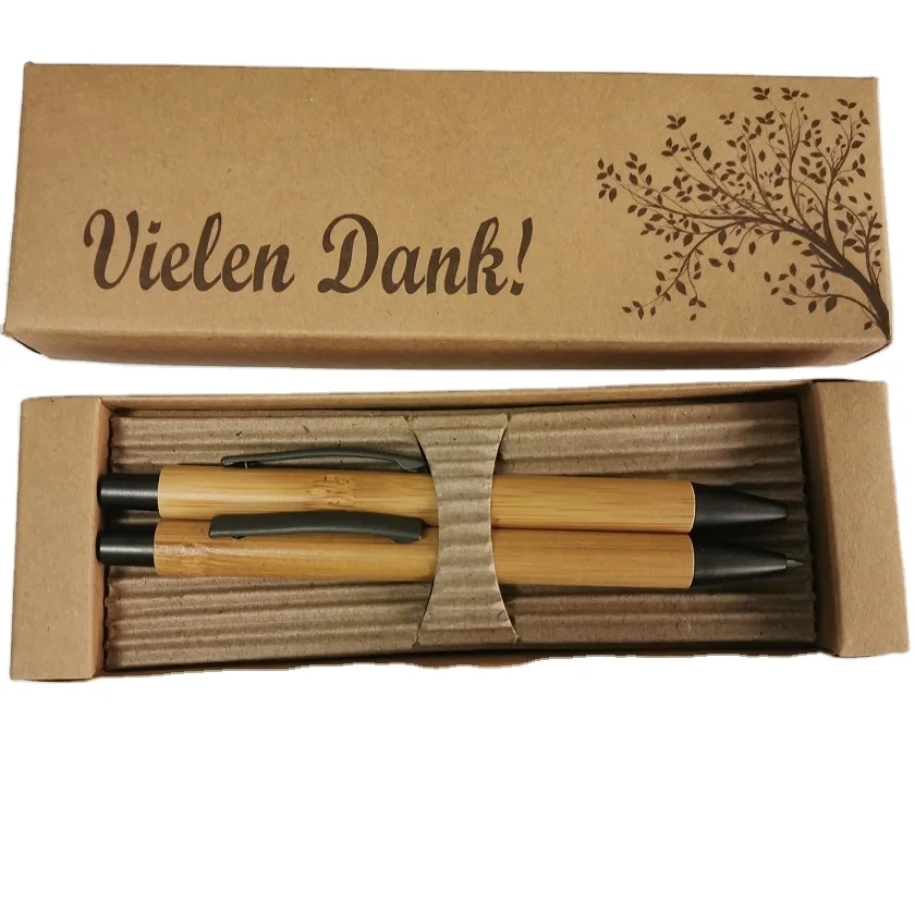 promotional bamboo pen pencil set with gift box eco friendly retractable bamboo pen and mechanical pencil
