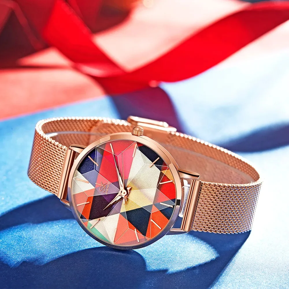 SHENGKE K0127L Fashion Female Quartz Watch Seven Color Watch Dial Design Luxury Women Wrist Colorful Wrist Watch Cutting Glasses
