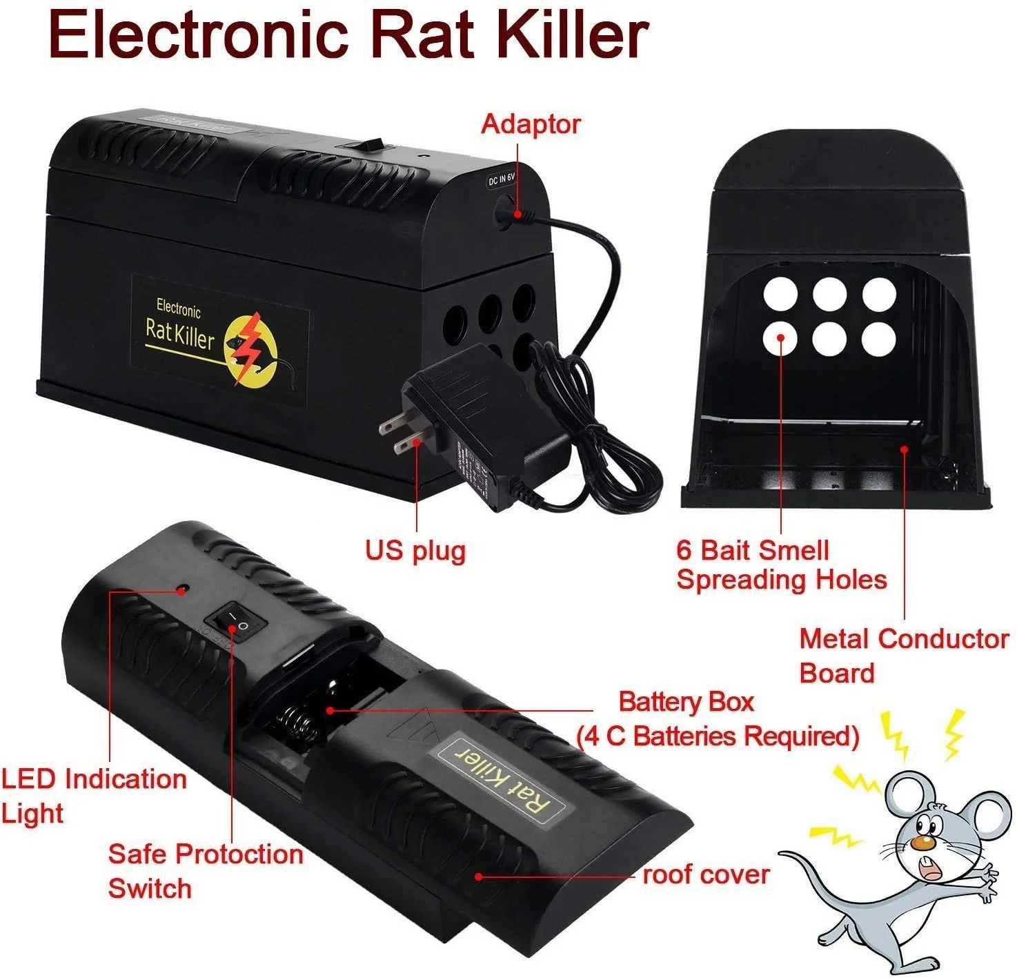 
EPA Indoor Outdoor High Voltage Electronic Rodent Killer Humane Electric Shock Mouse Trap for Hunting Mice Rat Mole Vole Marten 