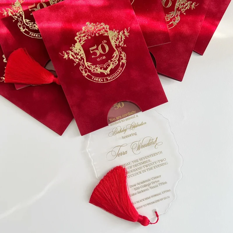 Custom Luxury Royal Blue Velvet Envelope with Clear Acrylic Elegant Wedding Invitations Set Custom Design Wedding Invitations