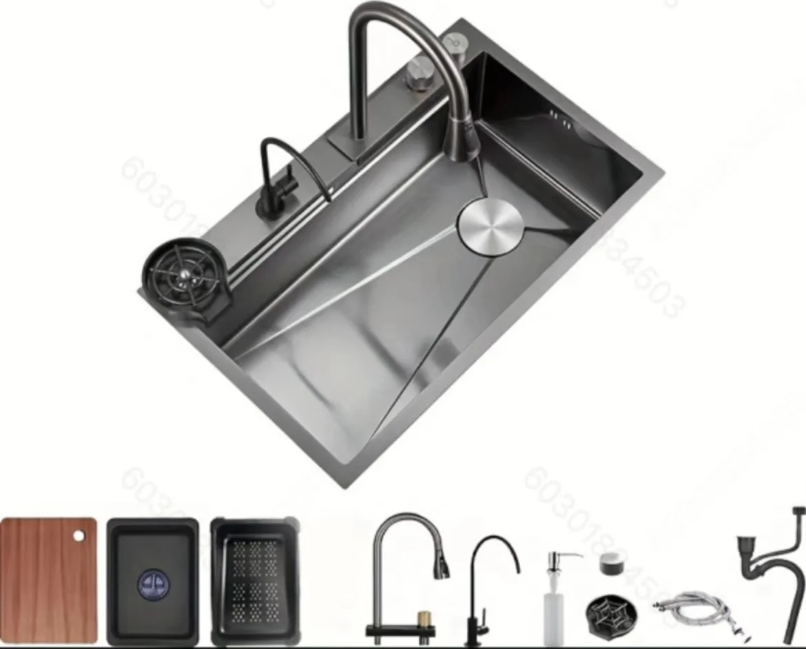 smart sink kitchen Stainless Steel Sink Kitchen Single Slot Multifunction LED Digital Display Waterfall Kitchen Sink Cup Washer