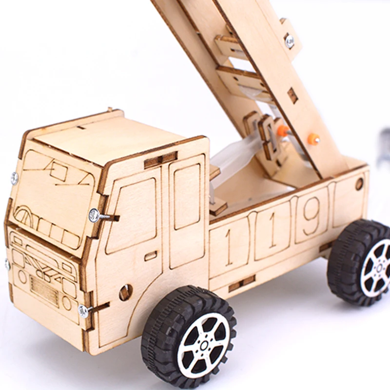 DIY STEM Hydraulic wooden ladder fire truck school educational toy science assembly wooden puzzle kits Physics toys for kids