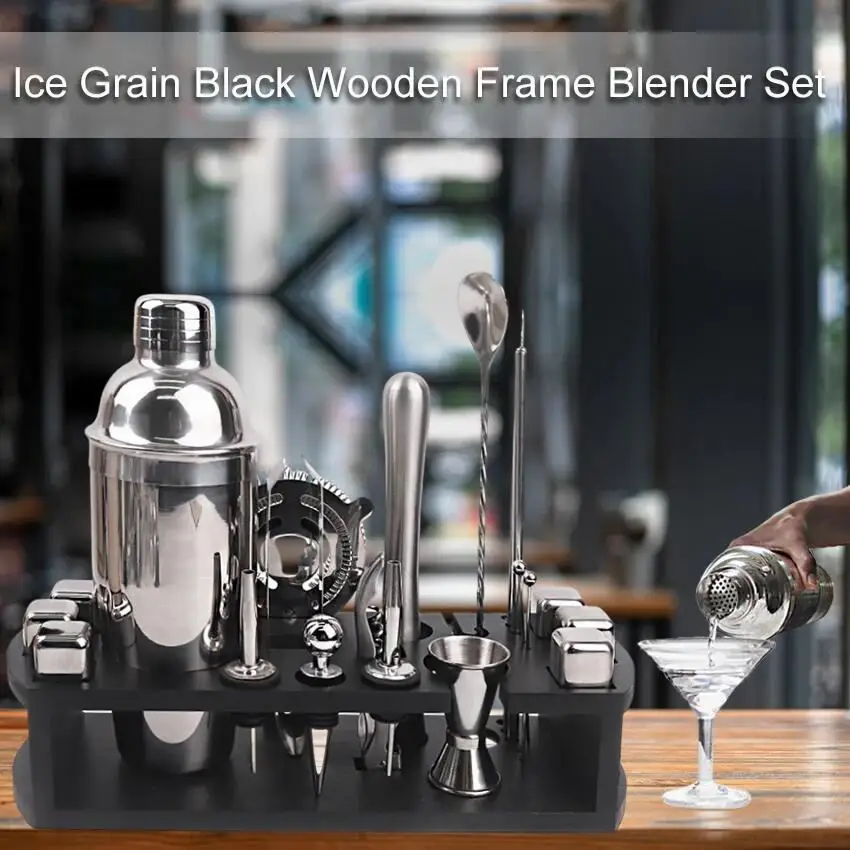 Custom Sustainable Eco Friendly 2024 New 750ML Bartender Kit Stainless Steel Bar Tool Accessories Wooden Frame Wine Mixer Set