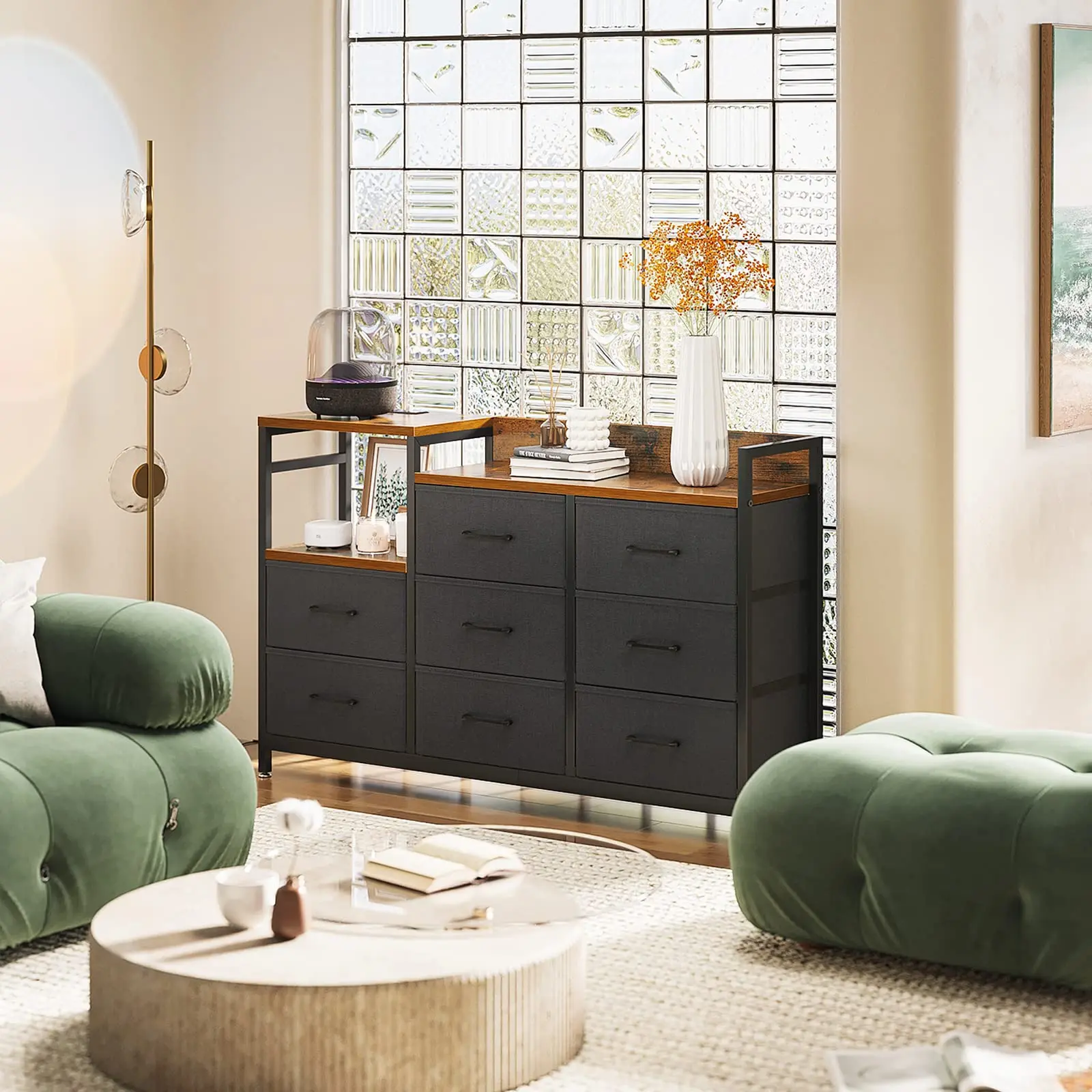 Living Room Hallway Easy-Pull Fabric Dressers 8 Drawers Bedroom Dresser with Charging Station