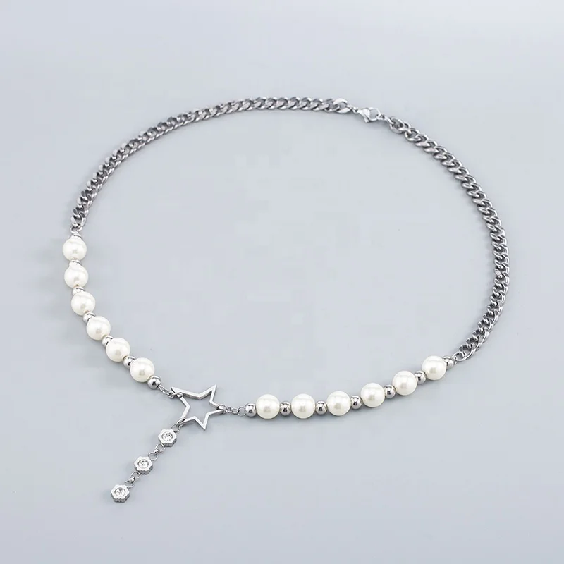 2022 New Punk Trend Men/Women Long Sweater Chain Stainless Steel Rhinestone Pearl Star Pendant Necklaces