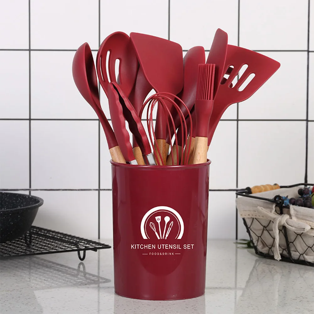 New Style 12 Pieces 1 Set Silicone Kitchen Accessories Cooking Tool Kitchenware Silicone Kitchen Utensils With Wooden Handle