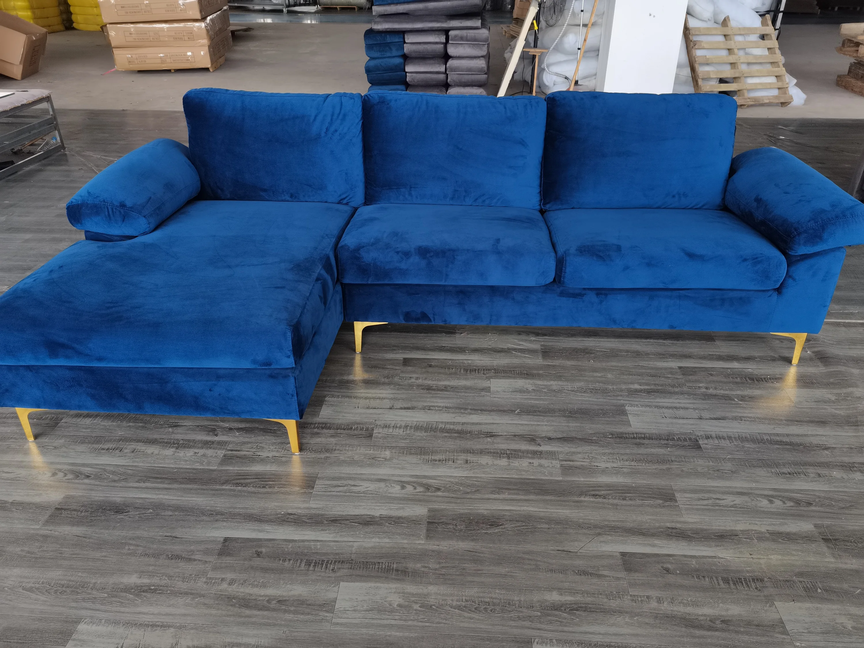 Factory wholesale couch living room sofa L Shape navy blue 3 seater velvet Sectional sofa and couch for living room furniture