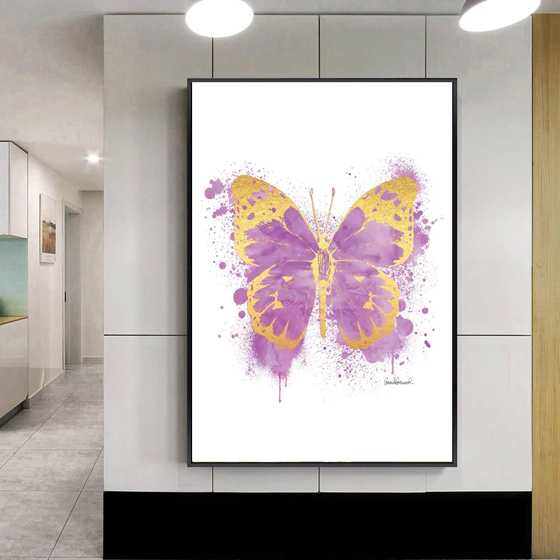 Modern Contemporary Wall Art Abstract Oil Decorative Painting Foil Beautiful Butterfly Red Purple Color Golden Canvas Animal