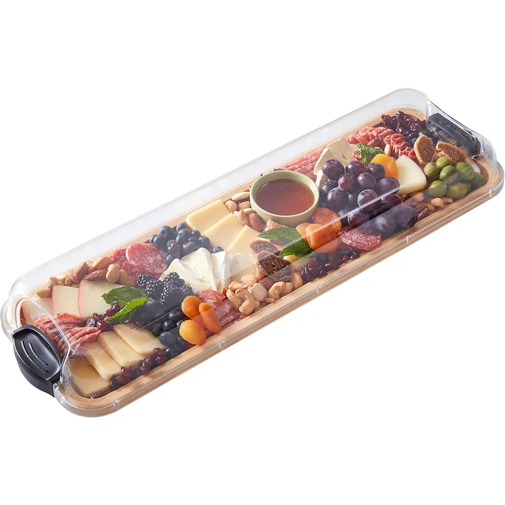 Bamboo serving plate with Compartments and Clear Locking Lid with  Handles, Charcuterie plate Bamboo Charcuterie Board