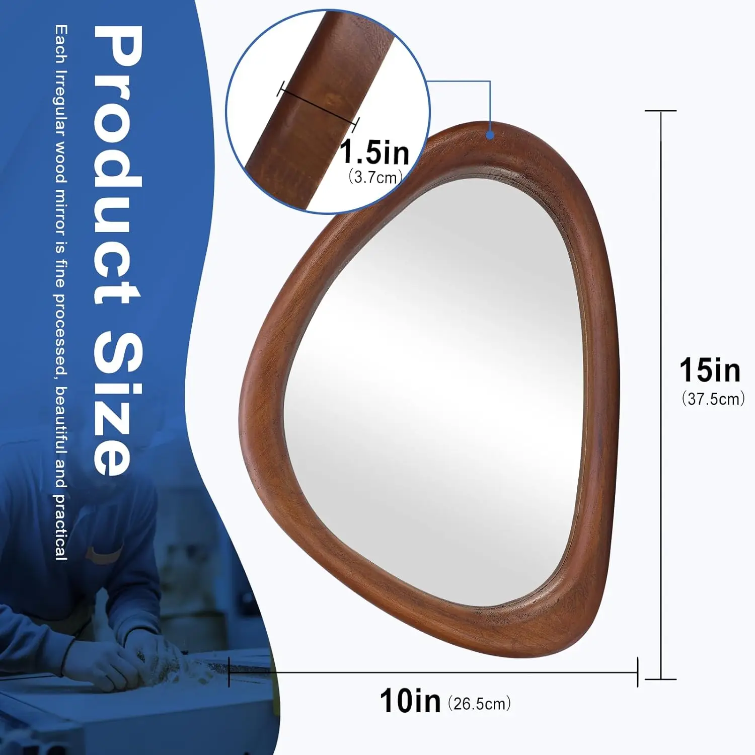 202412 Modern Asymmetrical Wood Mirror Large 15x10 Inch Irregular Wall Hanging Mirror Glass Vertical Horizontal Mounting