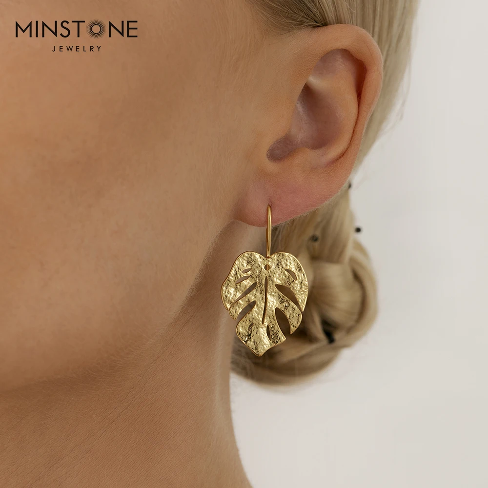 Handmade 14K Gold Plated Designer Monstera Leaves Palm Leaf Drop Dangle Earrings Jewelry