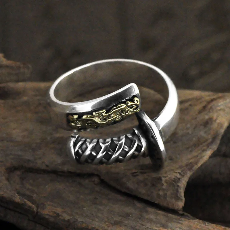 Unique Design Cool 925 Sterling Silver Brass Retro Sabre Solider Knife Open Ring Weapon Jewelry for Men Daily Wear Party  Gift