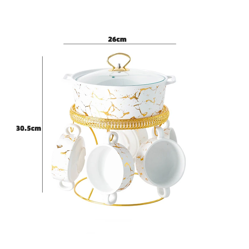 Черно-белые и мраморные золотые суповые горшки с небольшими мисками для обслуживания 6 набор посуды тушеной крышкой