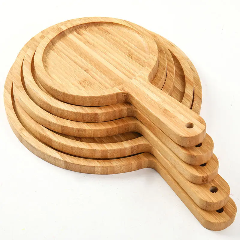 Wooden Bamboo Pizza Board Round With Hand Baking Tray Pizza Stone Cutting Board Platter Pizza Cake Bakeware Tools