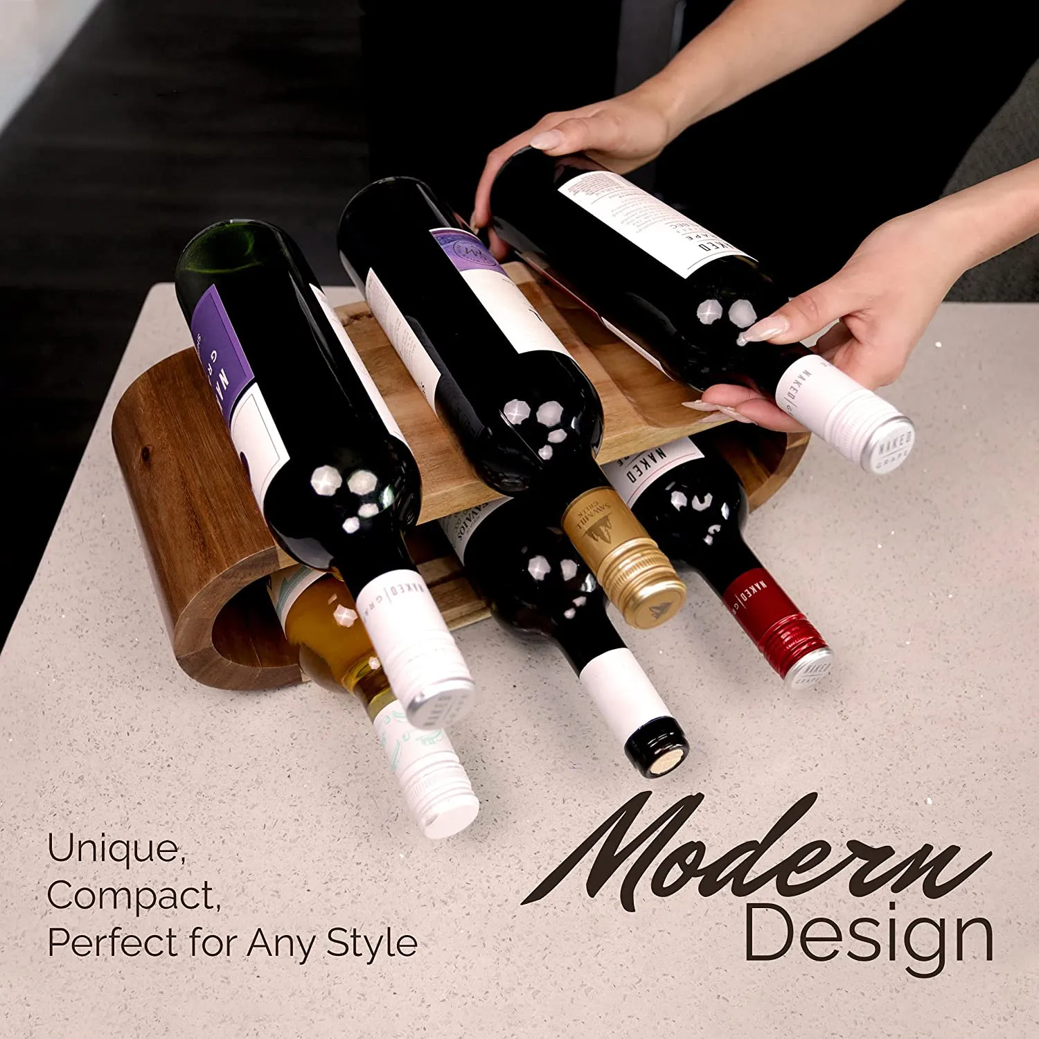 Hot Sale 6 Wine Bottle Holder Free Standing Wooden Wine Rack With 4 Silicone Grip Pads