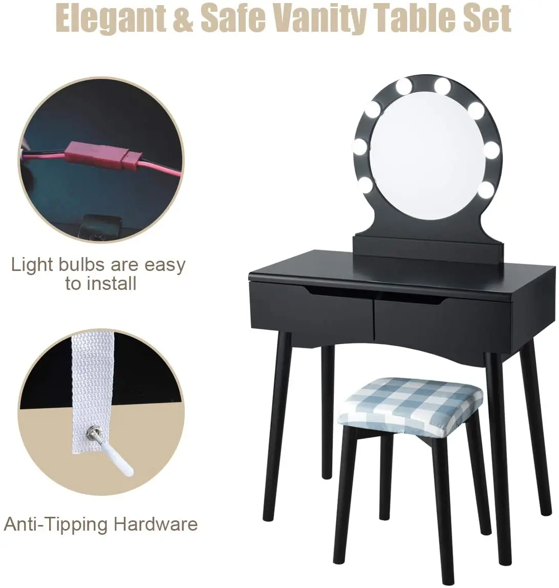 Princess girls vanity dressing table with large round led lighted mirror for kids girl