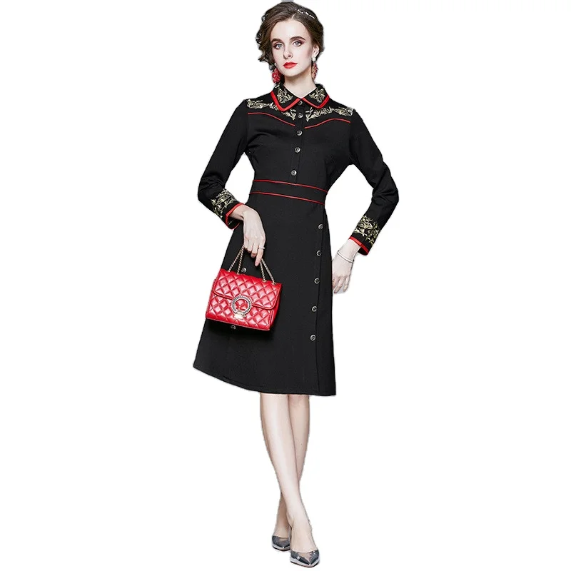 Autumn and Winter Turn Down Collar Long Sleeve Buttons Decoration Long Sleeve Heavy Embroidery Dress