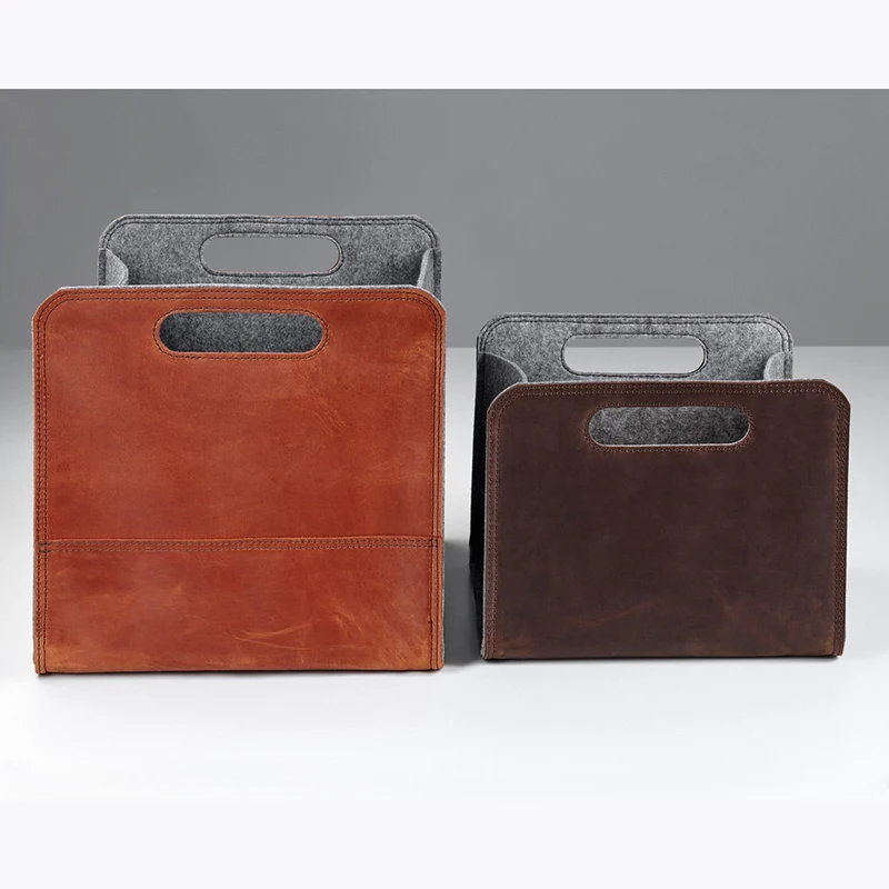 Felt Storage Basket with Leather Sides Felt Storage Bin with Handles Organizer