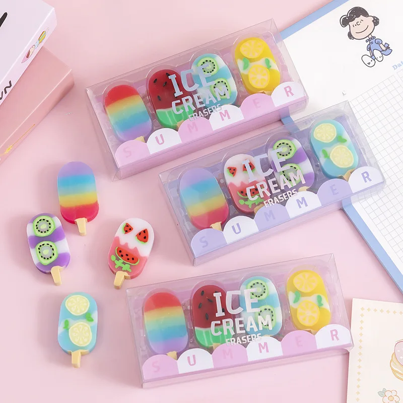1 set Colorful Summer Ice Cream Fruits Rubber Eraser Kawaii School Erasers set Supplies Stationery For Kids Students Cool Prizes