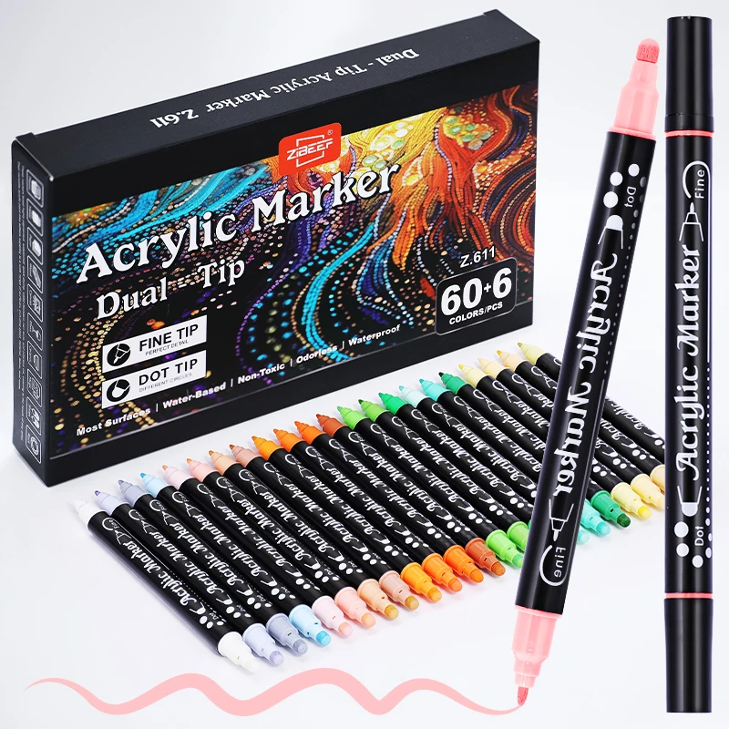 OEM Dual Tip Acrylic Markers Pen 60 Color Non-bleeding Waterproof Permanent Acrylic Paint Markers For Painting Graffiti