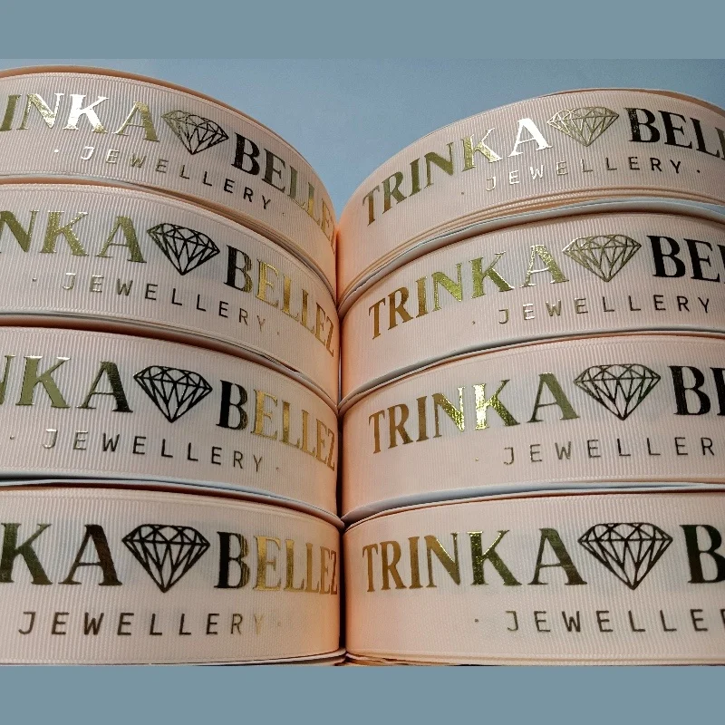 Luxurious Luokai own brand name printed raised gold foil printing white satin ribbon with logo